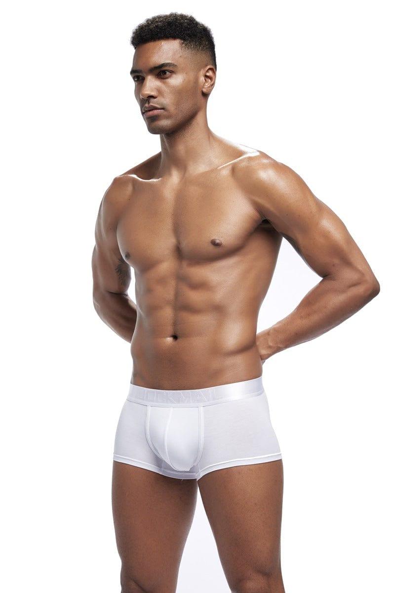 Daily wear|Gym sessions|Holiday parties|Pride events|Night gatherings|Breathable|Butt-lift design|Snug fit|Lightweight|Shaping|Waistline control|Slimming|Abdomen control|Comfort|Proper support|Stylish appearance|Festive mood|Body sculpting|Men's trunks|Low-rise underwear|Polyester pouch trunks|Core design trunks|Sexy trunks|White|Front view2