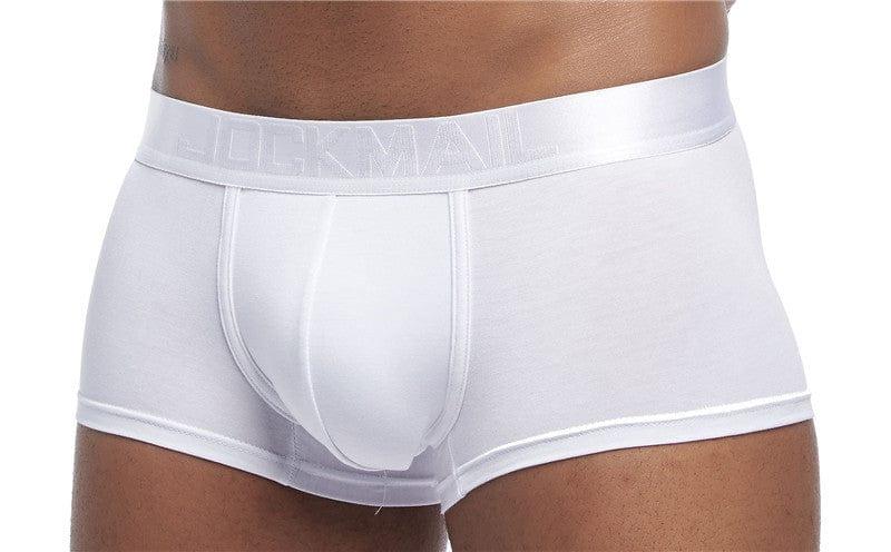 Daily wear|Gym sessions|Holiday parties|Pride events|Night gatherings|Breathable|Butt-lift design|Snug fit|Lightweight|Shaping|Waistline control|Slimming|Abdomen control|Comfort|Proper support|Stylish appearance|Festive mood|Body sculpting|Men's trunks|Low-rise underwear|Polyester pouch trunks|Core design trunks|Sexy trunks|White|Front view3