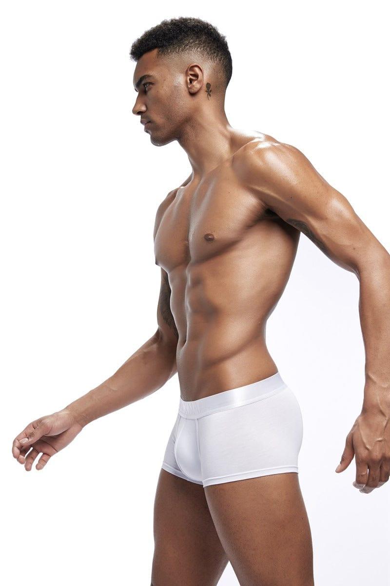 Daily wear|Gym sessions|Holiday parties|Pride events|Night gatherings|Breathable|Butt-lift design|Snug fit|Lightweight|Shaping|Waistline control|Slimming|Abdomen control|Comfort|Proper support|Stylish appearance|Festive mood|Body sculpting|Men's trunks|Low-rise underwear|Polyester pouch trunks|Core design trunks|Sexy trunks|White|Left Side view1
