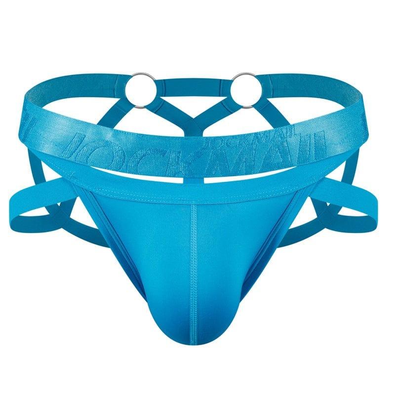 JOCKMAIL Electric Charge Adjustable Support Dual Jockstrap men's stretchable jockstrap in Aqua, front view