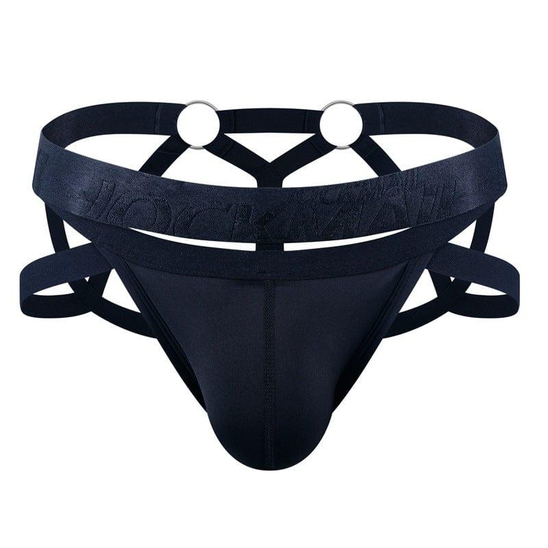 JOCKMAIL Electric Charge Adjustable Support Dual Jockstrap men's stretchable jockstrap in Black, front view
