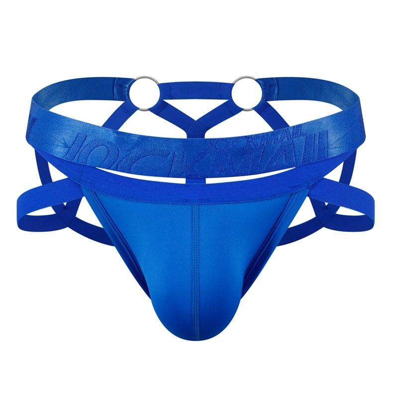 JOCKMAIL Electric Charge Adjustable Support Dual Jockstrap men's stretchable jockstrap in Blue, front view
