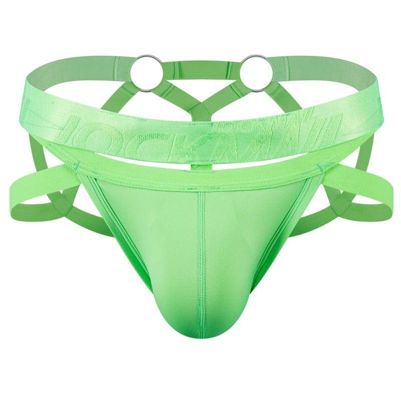 JOCKMAIL Electric Charge Adjustable Support Dual Jockstrap men's stretchable jockstrap in Fluorescent Green, front view