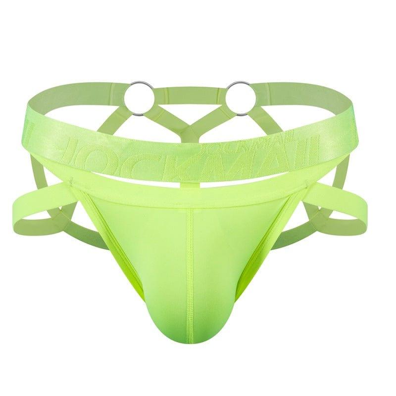 JOCKMAIL Electric Charge Adjustable Support Dual Jockstrap men's stretchable jockstrap in Fluorescent Yellow, front view
