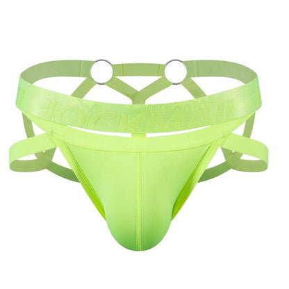JOCKMAIL Electric Charge Adjustable Support Dual Jockstrap men's stretchable jockstrap in Fluorescent Yellow, front view