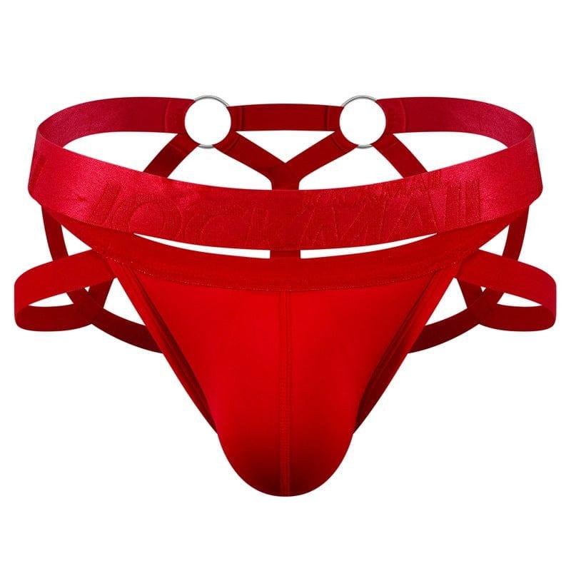 JOCKMAIL Electric Charge Adjustable Support Dual Jockstrap men's stretchable jockstrap in Red, front view