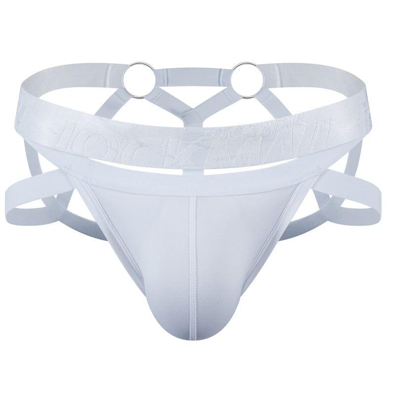 JOCKMAIL Electric Charge Adjustable Support Dual Jockstrap men's stretchable jockstrap in White, front view