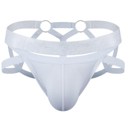 JOCKMAIL Electric Charge Adjustable Support Dual Jockstrap men's stretchable jockstrap in White, front view