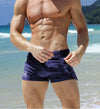 Detail view of JOCKMAIL Low Rise Hot Spring Swim Boxer with Quick Dry feature in Sapphire Blue.