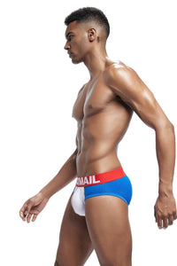 JOCKMAIL Mesh Sports Briefs men's breathable design briefs in colorful blue, left side view