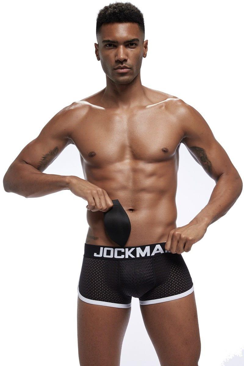 Daily wear|Gym sessions|Holiday parties|Pride events|Night gatherings|Breathable|Butt-lift design|Snug fit|Lightweight|Shaping|Waistline control|Slimming|Abdomen control|Comfort|Proper support|Stylish appearance|Festive mood|Body sculpting|Men's trunks|Low-rise underwear|Mesh trunks|Sponge pad trunks|Sexy trunks|Black|Front view