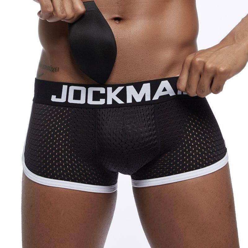 Daily wear|Gym sessions|Holiday parties|Pride events|Night gatherings|Breathable|Butt-lift design|Snug fit|Lightweight|Shaping|Waistline control|Slimming|Abdomen control|Comfort|Proper support|Stylish appearance|Festive mood|Body sculpting|Men's trunks|Low-rise underwear|Mesh trunks|Sponge pad trunks|Sexy trunks|Black|Front view2