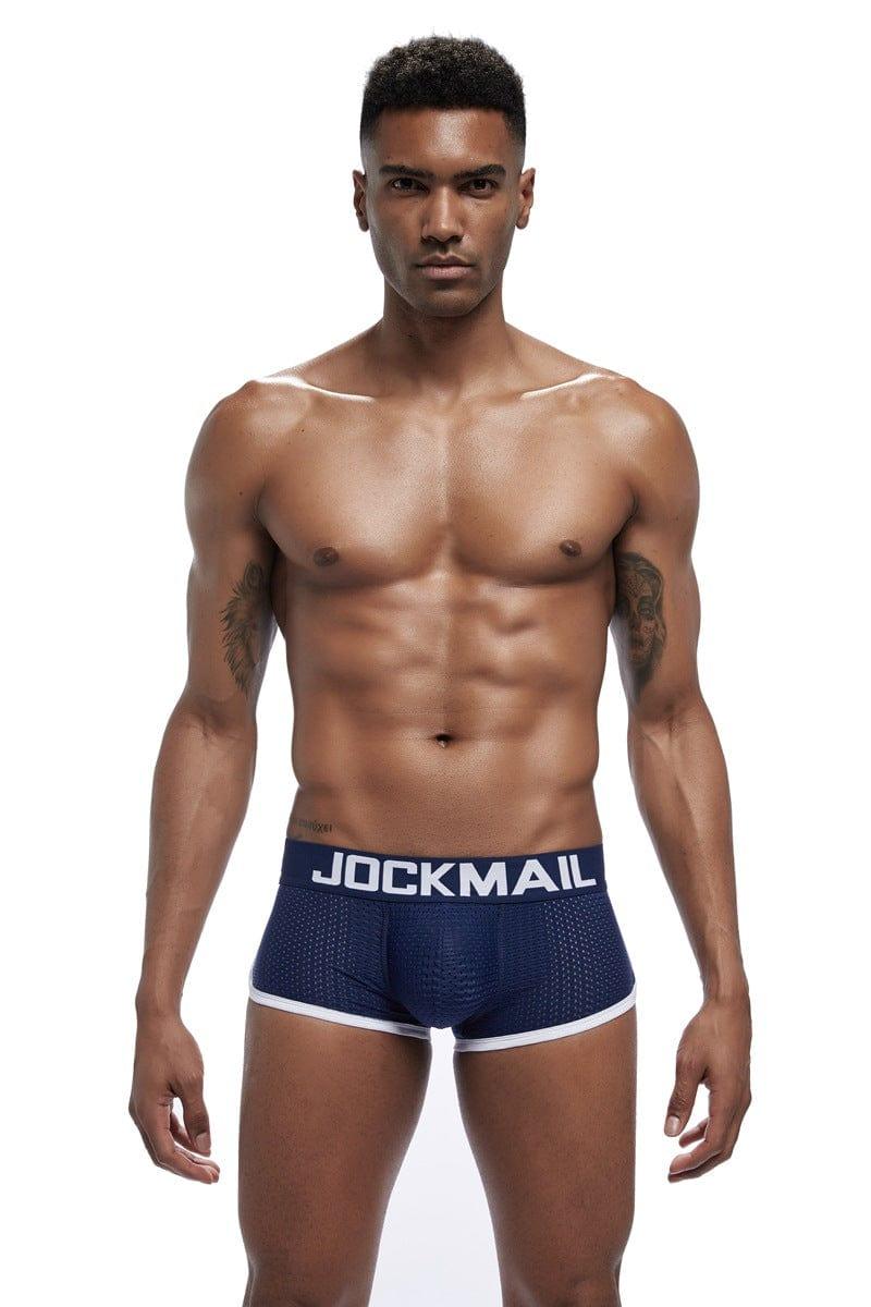 Daily wear|Gym sessions|Holiday parties|Pride events|Night gatherings|Breathable|Butt-lift design|Snug fit|Lightweight|Shaping|Waistline control|Slimming|Abdomen control|Comfort|Proper support|Stylish appearance|Festive mood|Body sculpting|Men's trunks|Low-rise underwear|Mesh trunks|Sponge pad trunks|Sexy trunks|Dark Blue|Front view
