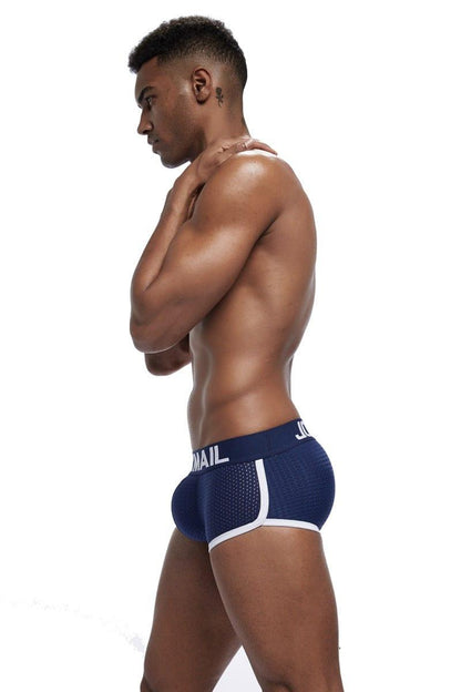 Daily wear|Gym sessions|Holiday parties|Pride events|Night gatherings|Breathable|Butt-lift design|Snug fit|Lightweight|Shaping|Waistline control|Slimming|Abdomen control|Comfort|Proper support|Stylish appearance|Festive mood|Body sculpting|Men's trunks|Low-rise underwear|Mesh trunks|Sponge pad trunks|Sexy trunks|Dark Blue|Left Side view