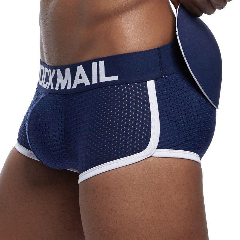 Daily wear|Gym sessions|Holiday parties|Pride events|Night gatherings|Breathable|Butt-lift design|Snug fit|Lightweight|Shaping|Waistline control|Slimming|Abdomen control|Comfort|Proper support|Stylish appearance|Festive mood|Body sculpting|Men's trunks|Low-rise underwear|Mesh trunks|Sponge pad trunks|Sexy trunks|Dark Blue|Left Side view3