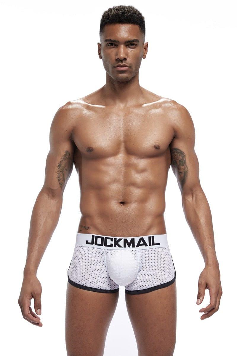 Daily wear|Gym sessions|Holiday parties|Pride events|Night gatherings|Breathable|Butt-lift design|Snug fit|Lightweight|Shaping|Waistline control|Slimming|Abdomen control|Comfort|Proper support|Stylish appearance|Festive mood|Body sculpting|Men's trunks|Low-rise underwear|Mesh trunks|Sponge pad trunks|Sexy trunks|White|Front view