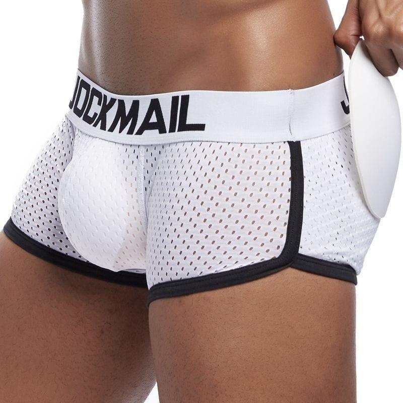 Daily wear|Gym sessions|Holiday parties|Pride events|Night gatherings|Breathable|Butt-lift design|Snug fit|Lightweight|Shaping|Waistline control|Slimming|Abdomen control|Comfort|Proper support|Stylish appearance|Festive mood|Body sculpting|Men's trunks|Low-rise underwear|Mesh trunks|Sponge pad trunks|Sexy trunks|White|Left Side view3