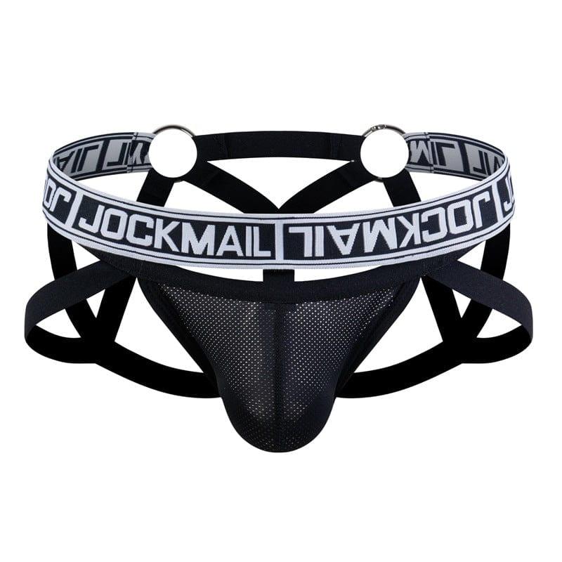 JOCKMAIL Mobius Mesh Adjustable Support Dual Jockstrap men's breathable design jockstrap in Black, front view