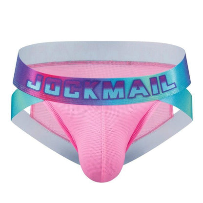 JOCKMAIL Neon Side-Cut Mesh Briefs men's breathable design briefs in bright pink, 3D front view