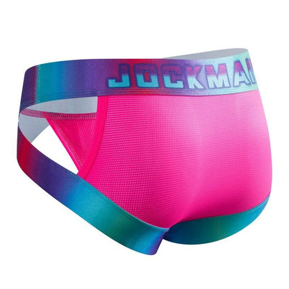 JOCKMAIL Neon Side-Cut Mesh Briefs men's breathable design briefs in rose red, 3D left side view