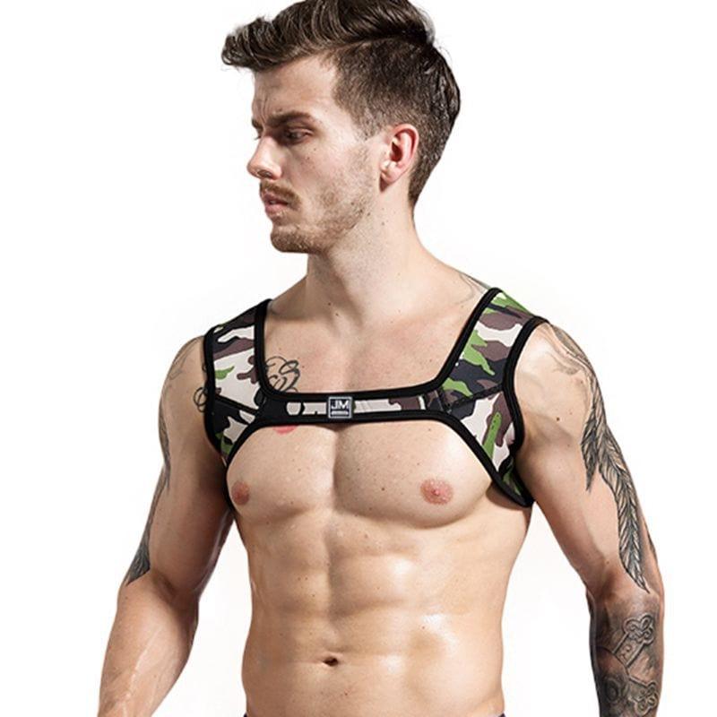 JOCKMAIL Neoprene Sport Harness with a stretchable design in Camo, front view