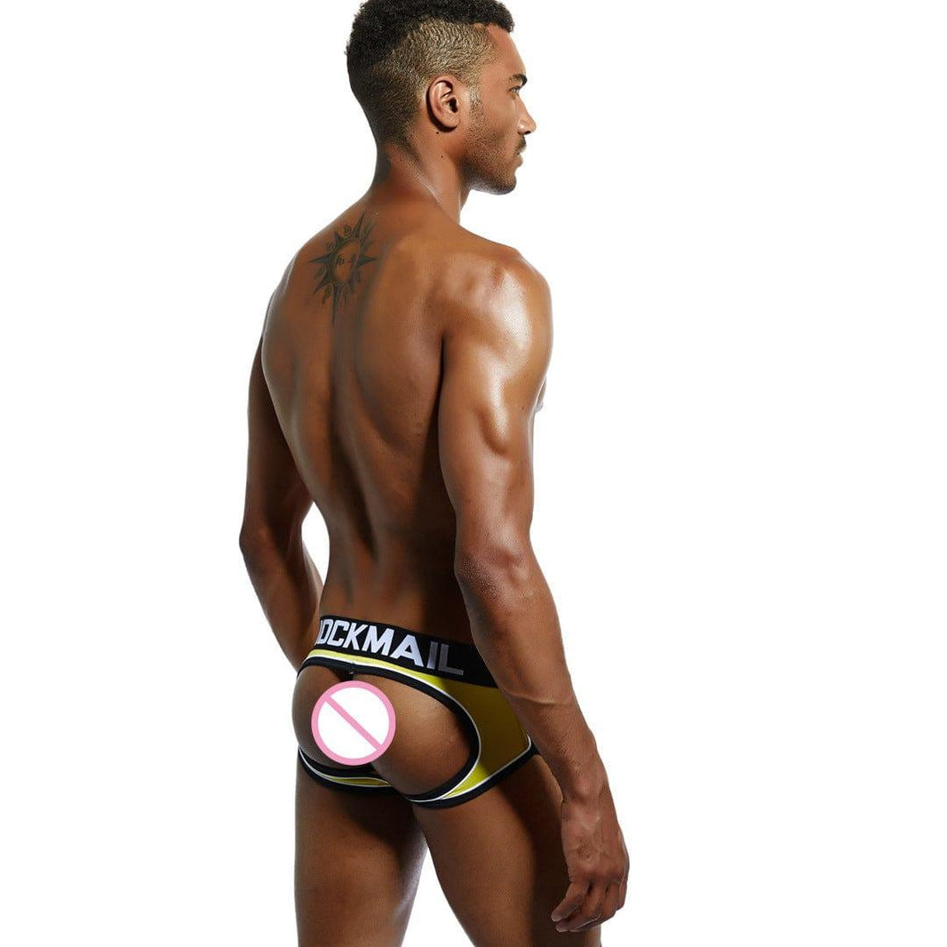 Daily wear|Gym sessions|Holiday parties|Pride events|Night gatherings|Breathable|Butt-lift design|Snug fit|Lightweight|Shaping|Waistline control|Slimming|Abdomen control|Comfort|Proper support|Stylish appearance|Festive mood|Body sculpting|Men's trunks|Low-rise underwear|Polyester pouch trunks|Sexy trunks|Open-back trunks|Yellow|Back view