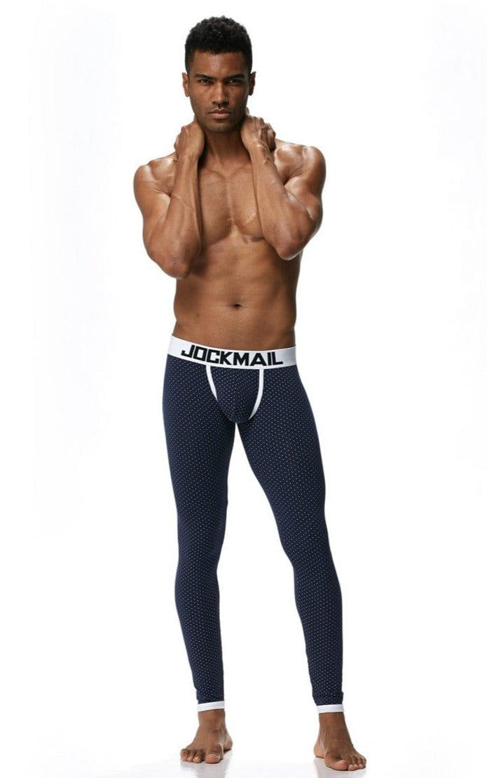 Front view of JOCKMAIL Polka Dot Bulge Pouch Long Johns with Comfort Fit feature in Navy Blue.