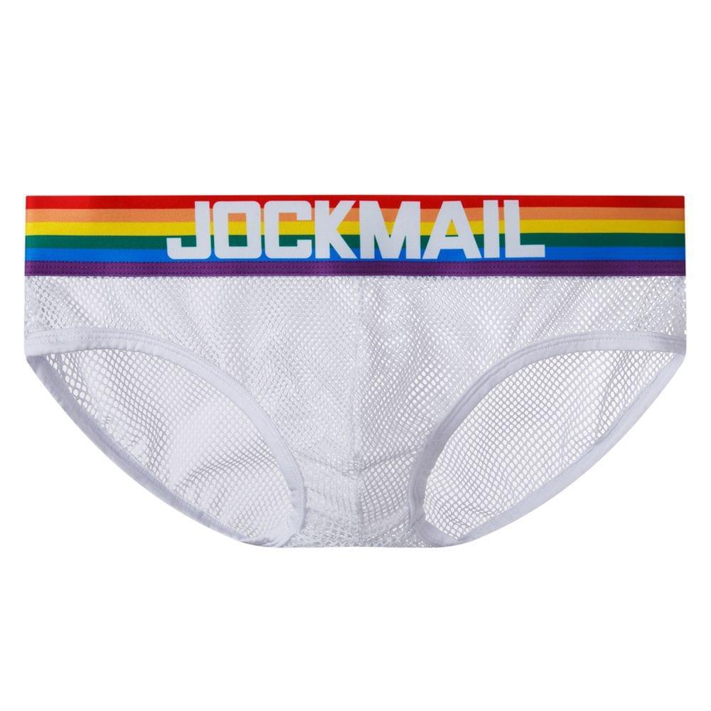 JOCKMAIL Pride Mesh Briefs men's breathable design briefs in white, front view