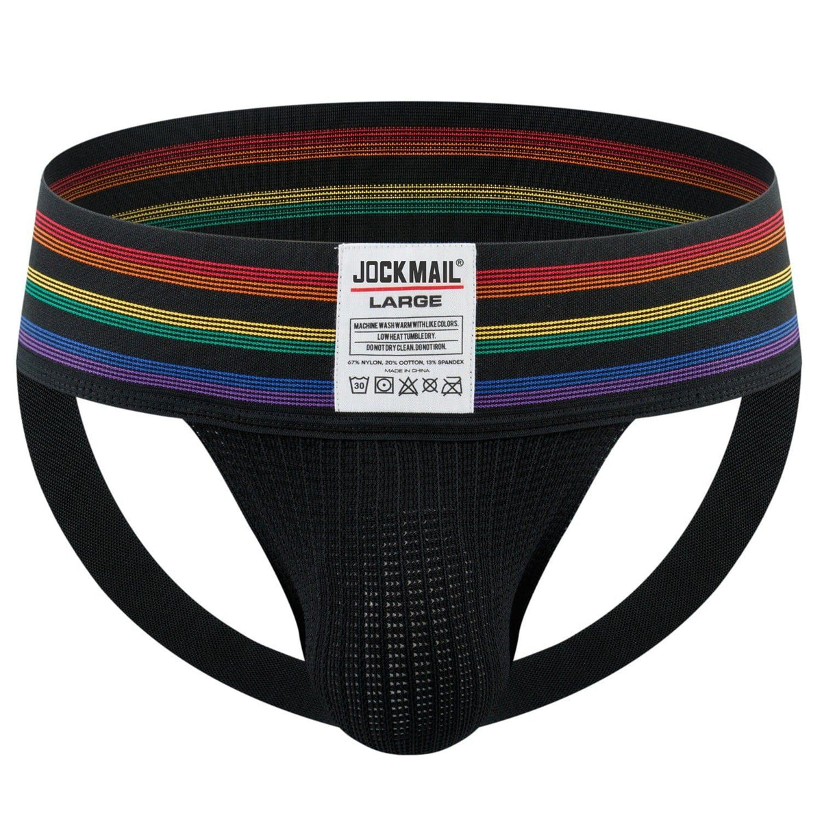JOCKMAIL Rainbow Big Boy Bulge Pouch Jockstrap men's comfort fit jockstrap in Black, front view