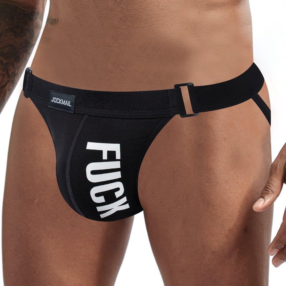 JOCKMAIL Solid Color Letter Jockstrap men's comfort fit jockstrap in Black, front view