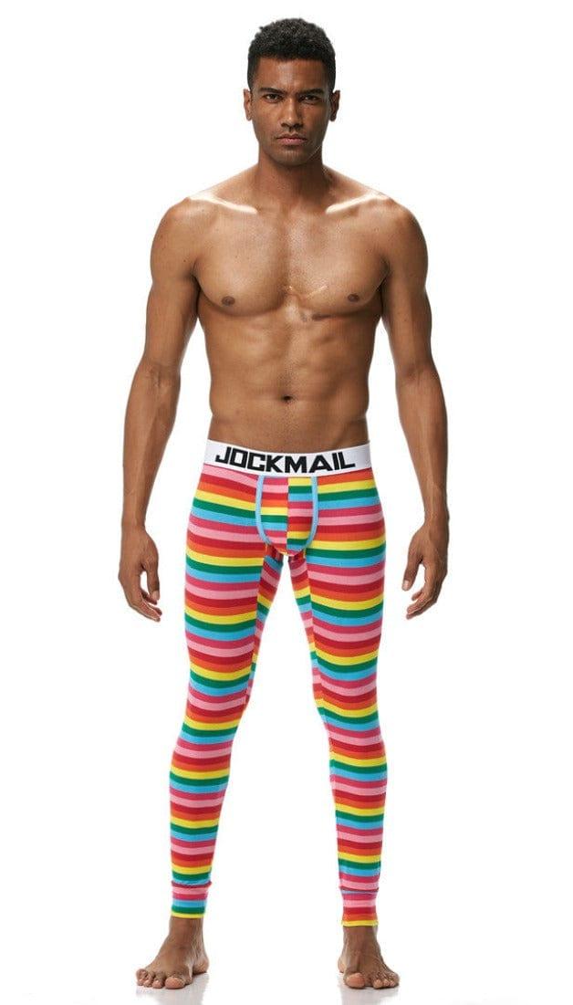 Front view of JOCKMAIL Striped Bulge Pouch Long Johns with Comfort Fit feature in Red.