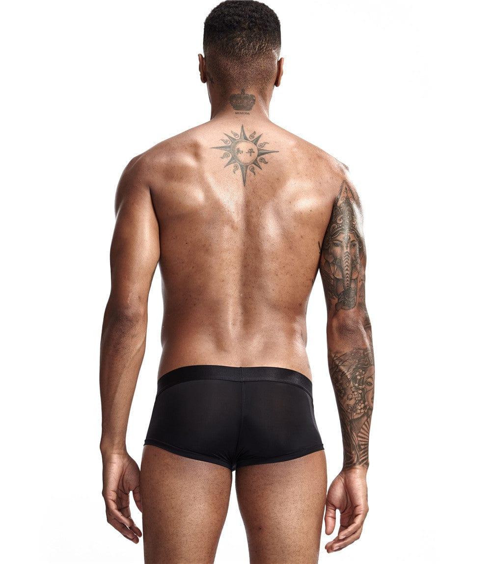Daily wear|Gym sessions|Holiday parties|Pride events|Night gatherings|Breathable|Butt-lift design|Snug fit|Lightweight|Shaping|Waistline control|Slimming|Abdomen control|Comfort|Proper support|Stylish appearance|Festive mood|Body sculpting|Men's trunks|Low-rise underwear|Polyester pouch trunks|Vibrant sheer trunks|Sexy trunks|Black|Back view