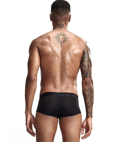 Daily wear|Gym sessions|Holiday parties|Pride events|Night gatherings|Breathable|Butt-lift design|Snug fit|Lightweight|Shaping|Waistline control|Slimming|Abdomen control|Comfort|Proper support|Stylish appearance|Festive mood|Body sculpting|Men's trunks|Low-rise underwear|Polyester pouch trunks|Vibrant sheer trunks|Sexy trunks|Black|Back view