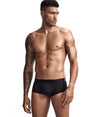 Daily wear|Gym sessions|Holiday parties|Pride events|Night gatherings|Breathable|Butt-lift design|Snug fit|Lightweight|Shaping|Waistline control|Slimming|Abdomen control|Comfort|Proper support|Stylish appearance|Festive mood|Body sculpting|Men's trunks|Low-rise underwear|Polyester pouch trunks|Vibrant sheer trunks|Sexy trunks|Black|Left Side view