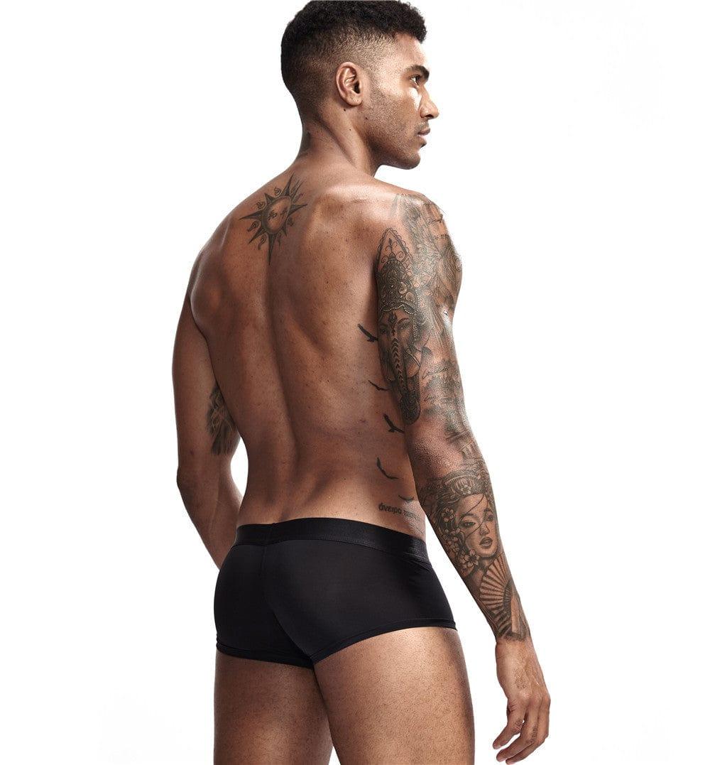 Daily wear|Gym sessions|Holiday parties|Pride events|Night gatherings|Breathable|Butt-lift design|Snug fit|Lightweight|Shaping|Waistline control|Slimming|Abdomen control|Comfort|Proper support|Stylish appearance|Festive mood|Body sculpting|Men's trunks|Low-rise underwear|Polyester pouch trunks|Vibrant sheer trunks|Sexy trunks|Black|Right Side view