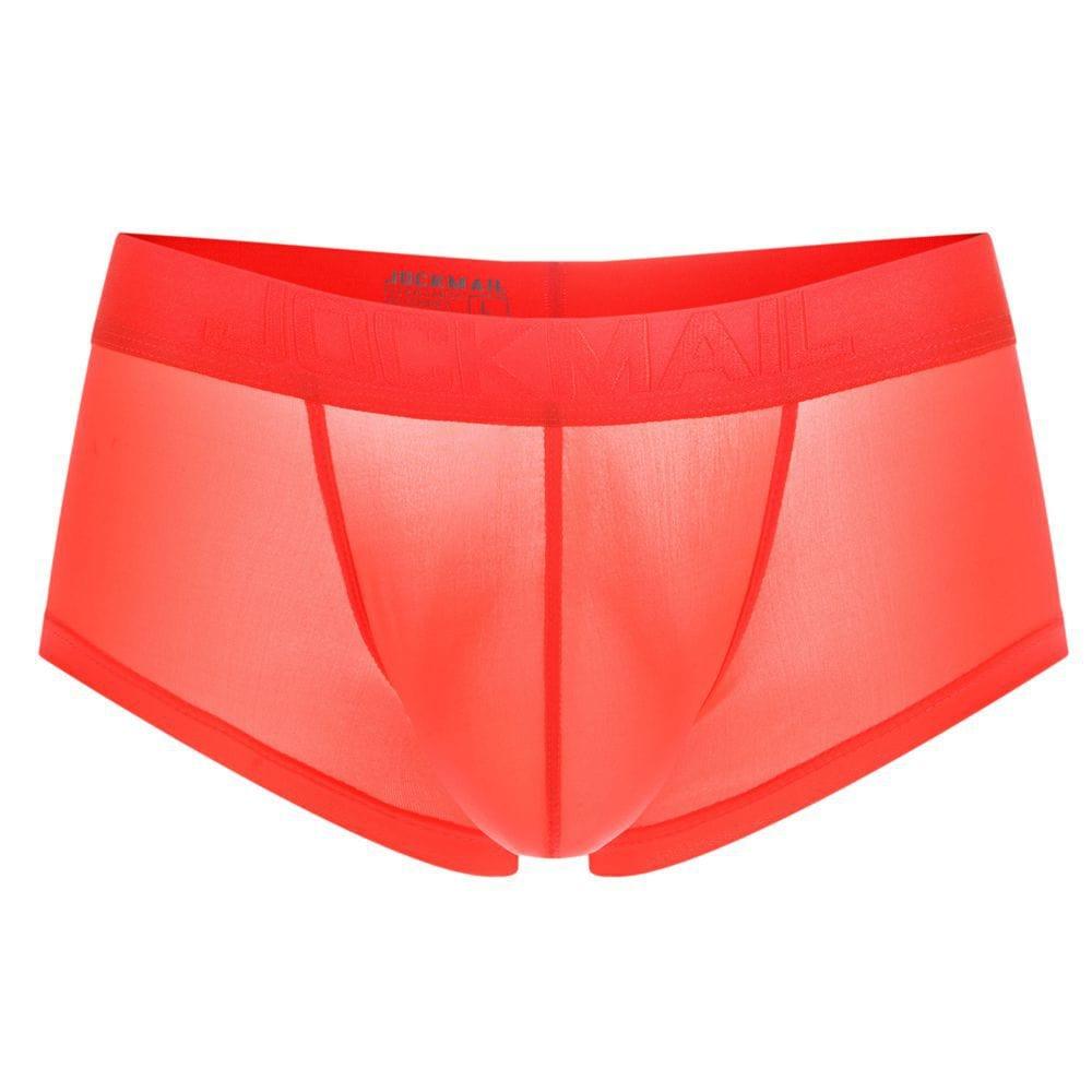 Daily wear|Gym sessions|Holiday parties|Pride events|Night gatherings|Breathable|Butt-lift design|Snug fit|Lightweight|Shaping|Waistline control|Slimming|Abdomen control|Comfort|Proper support|Stylish appearance|Festive mood|Body sculpting|Men's trunks|Low-rise underwear|Polyester pouch trunks|Vibrant sheer trunks|Sexy trunks|Orange|3D Front view
