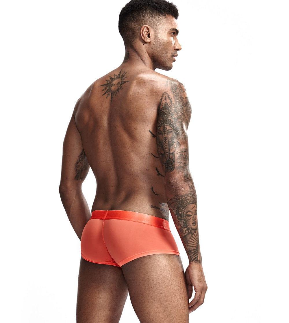 Daily wear|Gym sessions|Holiday parties|Pride events|Night gatherings|Breathable|Butt-lift design|Snug fit|Lightweight|Shaping|Waistline control|Slimming|Abdomen control|Comfort|Proper support|Stylish appearance|Festive mood|Body sculpting|Men's trunks|Low-rise underwear|Polyester pouch trunks|Vibrant sheer trunks|Sexy trunks|Orange|Back view