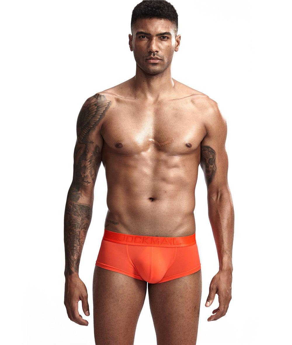 Daily wear|Gym sessions|Holiday parties|Pride events|Night gatherings|Breathable|Butt-lift design|Snug fit|Lightweight|Shaping|Waistline control|Slimming|Abdomen control|Comfort|Proper support|Stylish appearance|Festive mood|Body sculpting|Men's trunks|Low-rise underwear|Polyester pouch trunks|Vibrant sheer trunks|Sexy trunks|Orange|Front view