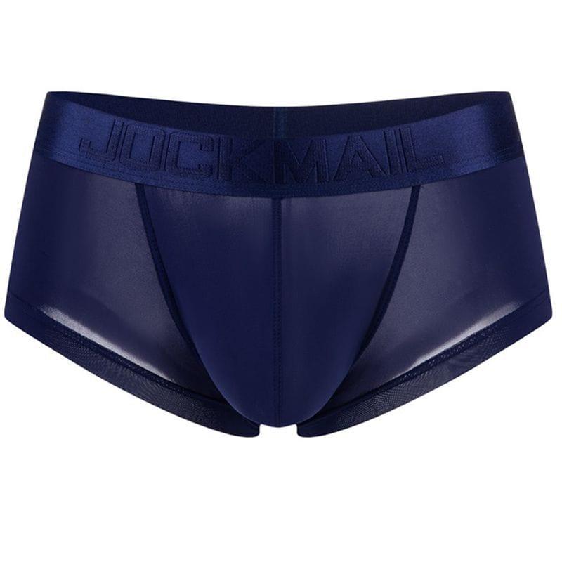 Daily wear|Gym sessions|Holiday parties|Pride events|Night gatherings|Breathable|Butt-lift design|Snug fit|Lightweight|Shaping|Waistline control|Slimming|Abdomen control|Comfort|Proper support|Stylish appearance|Festive mood|Body sculpting|Men's trunks|Low-rise underwear|Polyester pouch trunks|Vibrant sheer trunks|Sexy trunks|Sapphire Blue|3D Front view