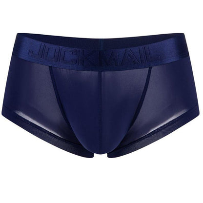 Daily wear|Gym sessions|Holiday parties|Pride events|Night gatherings|Breathable|Butt-lift design|Snug fit|Lightweight|Shaping|Waistline control|Slimming|Abdomen control|Comfort|Proper support|Stylish appearance|Festive mood|Body sculpting|Men's trunks|Low-rise underwear|Polyester pouch trunks|Vibrant sheer trunks|Sexy trunks|Sapphire Blue|3D Front view