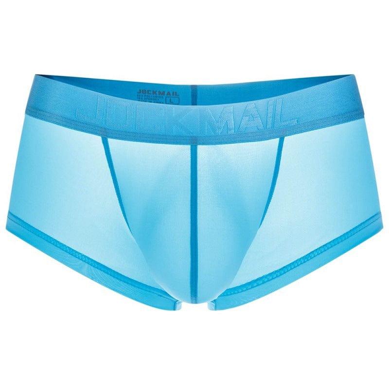 Daily wear|Gym sessions|Holiday parties|Pride events|Night gatherings|Breathable|Butt-lift design|Snug fit|Lightweight|Shaping|Waistline control|Slimming|Abdomen control|Comfort|Proper support|Stylish appearance|Festive mood|Body sculpting|Men's trunks|Low-rise underwear|Polyester pouch trunks|Vibrant sheer trunks|Sexy trunks|Sky Blue|3D Front view