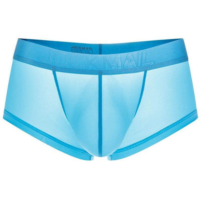 Daily wear|Gym sessions|Holiday parties|Pride events|Night gatherings|Breathable|Butt-lift design|Snug fit|Lightweight|Shaping|Waistline control|Slimming|Abdomen control|Comfort|Proper support|Stylish appearance|Festive mood|Body sculpting|Men's trunks|Low-rise underwear|Polyester pouch trunks|Vibrant sheer trunks|Sexy trunks|Sky Blue|3D Front view