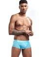 Daily wear|Gym sessions|Holiday parties|Pride events|Night gatherings|Breathable|Butt-lift design|Snug fit|Lightweight|Shaping|Waistline control|Slimming|Abdomen control|Comfort|Proper support|Stylish appearance|Festive mood|Body sculpting|Men's trunks|Low-rise underwear|Polyester pouch trunks|Vibrant sheer trunks|Sexy trunks|Sky Blue|Front view