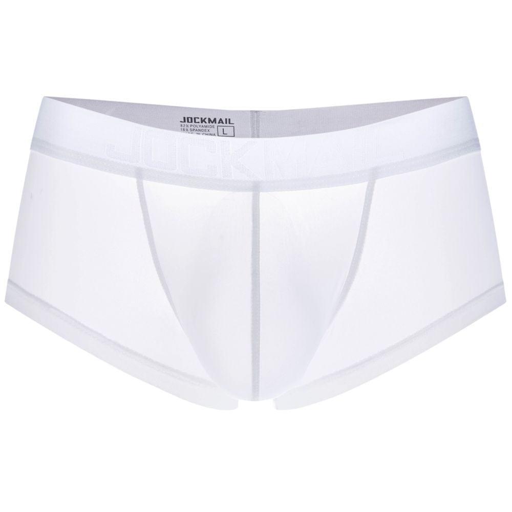 Daily wear|Gym sessions|Holiday parties|Pride events|Night gatherings|Breathable|Butt-lift design|Snug fit|Lightweight|Shaping|Waistline control|Slimming|Abdomen control|Comfort|Proper support|Stylish appearance|Festive mood|Body sculpting|Men's trunks|Low-rise underwear|Polyester pouch trunks|Vibrant sheer trunks|Sexy trunks|White|3D Front view