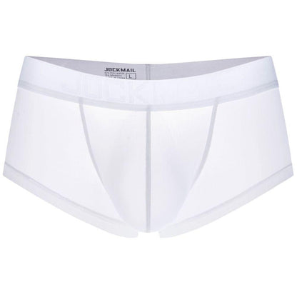 Daily wear|Gym sessions|Holiday parties|Pride events|Night gatherings|Breathable|Butt-lift design|Snug fit|Lightweight|Shaping|Waistline control|Slimming|Abdomen control|Comfort|Proper support|Stylish appearance|Festive mood|Body sculpting|Men's trunks|Low-rise underwear|Polyester pouch trunks|Vibrant sheer trunks|Sexy trunks|White|3D Front view