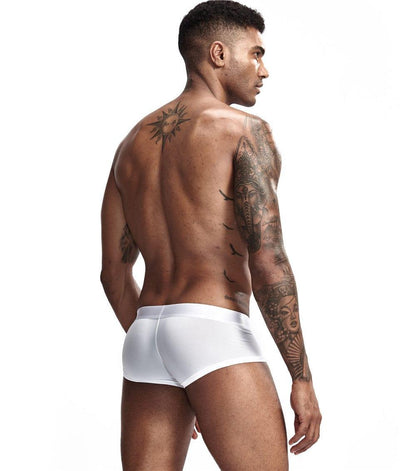 Daily wear|Gym sessions|Holiday parties|Pride events|Night gatherings|Breathable|Butt-lift design|Snug fit|Lightweight|Shaping|Waistline control|Slimming|Abdomen control|Comfort|Proper support|Stylish appearance|Festive mood|Body sculpting|Men's trunks|Low-rise underwear|Polyester pouch trunks|Vibrant sheer trunks|Sexy trunks|White|Back view