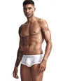 Daily wear|Gym sessions|Holiday parties|Pride events|Night gatherings|Breathable|Butt-lift design|Snug fit|Lightweight|Shaping|Waistline control|Slimming|Abdomen control|Comfort|Proper support|Stylish appearance|Festive mood|Body sculpting|Men's trunks|Low-rise underwear|Polyester pouch trunks|Vibrant sheer trunks|Sexy trunks|White|Left Side view