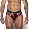 JSY Men's Lingerie Fishnet Briefs men's comfort fit briefs in red black, front view
