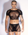 JSY Men's Lingerie Mesh Crop Top & Boxers Set with a comfort fit in Black, front view