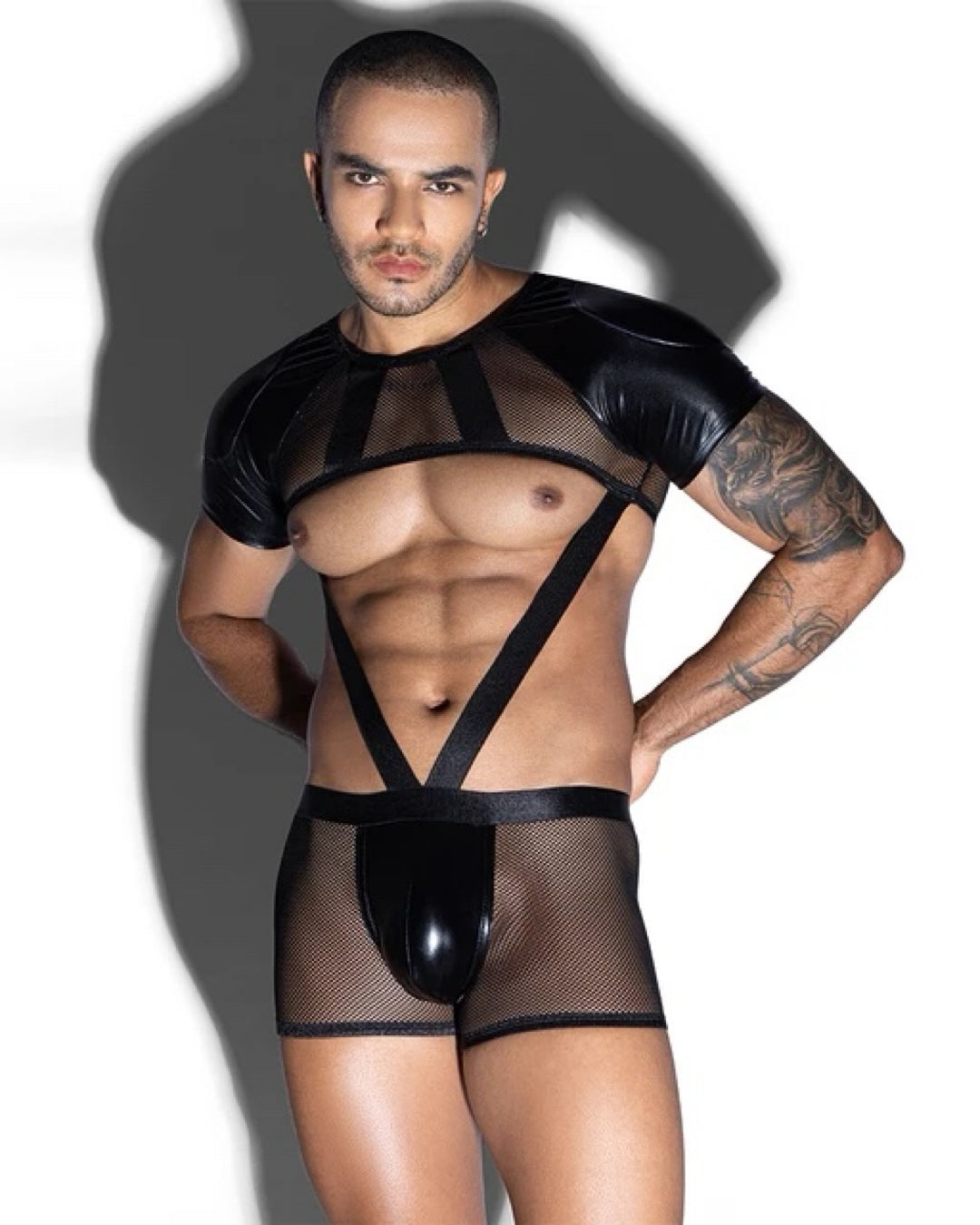 Front view of the black Spartan fantasy costume